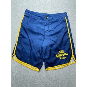 Corona Extra Shorts Mens M Blue‎ Yellow Trim Swim Trunks Beer Logo Drawstrings